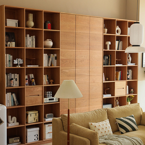 北美樱桃木白橡木满墙书架设计一体定制实木组合落地开放书柜书橱