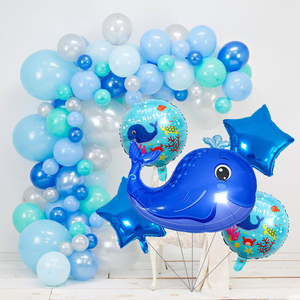 新款五角星卡通海洋动物螃蟹鲨鱼灯笼鱼鲸鱼铝膜圆球气球束套装