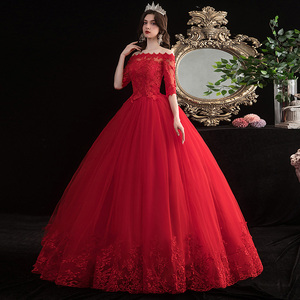 主婚纱礼服2024新款一字肩红色新娘结齐地显瘦中袖小个子婚纱长袖