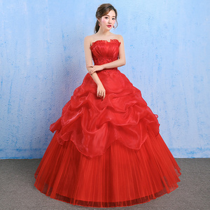 韩版婚纱2024秋新款新娘结婚婚纱礼服简约显瘦齐地抹胸红色蓬蓬裙