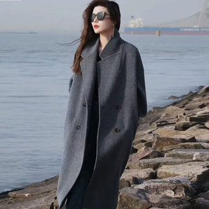 冬季新款黑色双面羊绒大衣女宽松韩版高级感灰色羊毛呢外套中长款