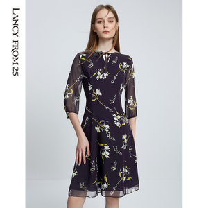 朗姿气质真丝连衣裙2021夏季名媛风桑蚕丝印花中长款女裙商场同款
