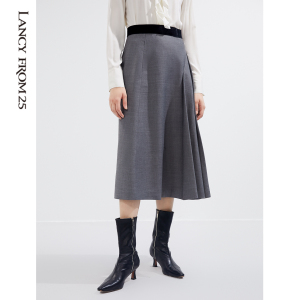 朗姿2021年秋冬新款法式轻商务丝绒高腰中长款烟灰色半身裙女