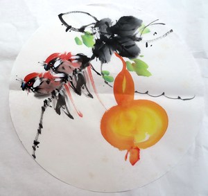 特价 新款国画字画花鸟画仿赵少昂纯手绘圆形葫芦 福禄满堂04