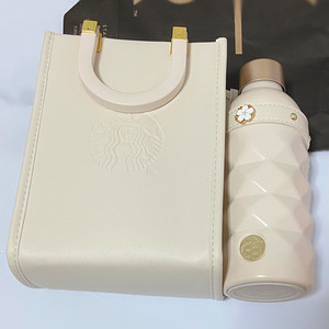 星巴克樱花不锈钢杯含包保温杯手提包斜挎包乳白色切面星爸爸杯子