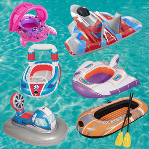 儿童充气小船带把手水上漂浮座式游泳圈卡通坐圈遮阳篷防晒游泳圈