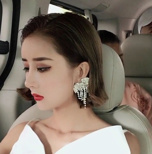 大蜜豆miki同款快手欧美爱心闪钻流苏耳环单边流苏钻链耳饰耳坠