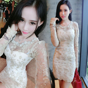 夜店女装夏2019性感蕾丝透明紧身包臀裙 修身显瘦长袖气质连衣裙