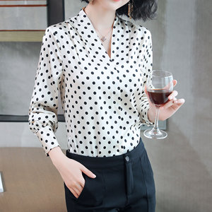 高档真丝衬衫女2019春装新款长袖时尚波点重磅桑蚕丝小衫上衣气质