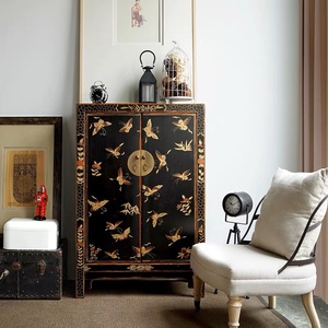 新中式鞋柜描金家具彩绘门厅装饰实木手绘蝴蝶入户柜整装明清古典