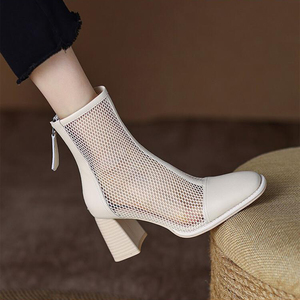 小羊皮网靴女夏镂空粗跟高跟凉靴2022秋季新款真皮白色罗马女鞋子