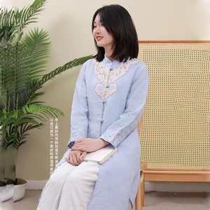 中式民族风亚麻刺绣纯色长袖衬衫女 2024年春季薄款立领宽松长衫