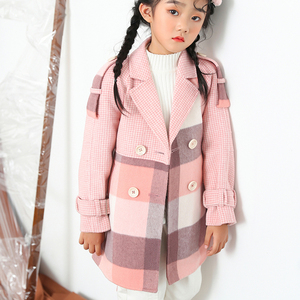 卡琪屋童装女童2020冬装新款翻领双排扣中长款束腰格子呢大衣
