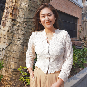 梁宏蓝大码女装2021春款蕾丝上衣适合梨形身材苹果型身材