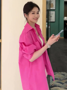火龙果玫粉色衬衫女夏季新款高级感气质显瘦宽松百搭显白防嗮衬衣