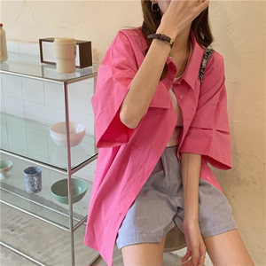 玫粉色宽松大码短袖衬衫女韩版夏季新款口袋显白显瘦百搭防嗮衬衣