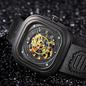黑色新款方形星期天五手表男士机械表镂空学生冷淡风手表防水男表