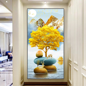 5d发财树钻石画满钻玄关竖版招财鹿点贴钻十字绣过道风景简约现代