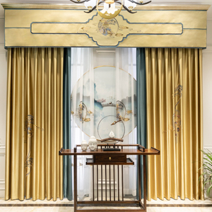 中式窗帘带帘头宫廷古典中国风刺绣黄色仿真丝别墅客厅大气新中式