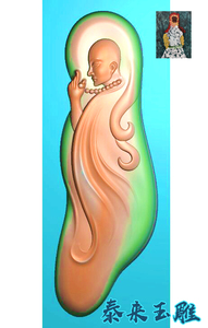 随型侧身小和尚无相佛悟道挂件精雕图浮雕玉雕灰度图jdpbmp雕刻图