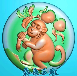 圆深雕生肖桃子猴子圆牌木雕精雕图浮雕玉雕灰度图jdpbmp猴雕刻图