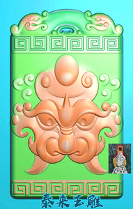 仿古双龙牌头回纹兽头兽面纹仿古牌精雕图浮雕玉雕灰度图jdpbmp