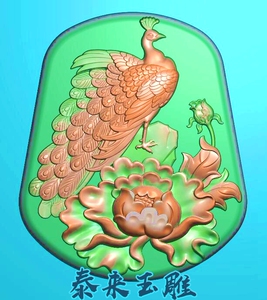孔雀牡丹花挂件花开富贵精雕图浮雕玉雕灰度图jdpbmp电脑雕刻图