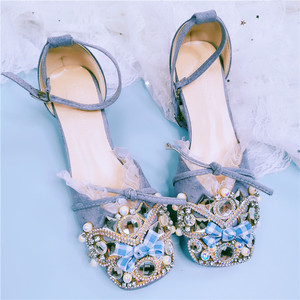 新款夏季淑女清新蓝色粗跟洛丽塔水钻单鞋软妹可爱蝴蝶结仙女凉鞋