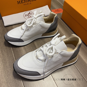 hermes/爱马仕 春夏男士休闲运动鞋双色荔枝纹牛皮拼接系带跑步鞋