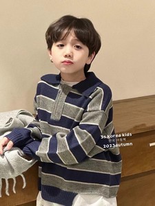 韩国代购童装男童羊毛衫Polo领2023拼色气质男孩毛衣秋冬装女童潮