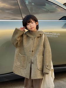 韩国代购童装男童保暖呢大衣2023新款冬儿童呢子外套女童双面羊绒