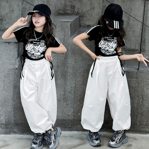 女童甜酷印花短袖2024夏季韩版抽绳上衣中大童T恤嘻哈街舞哈伦裤