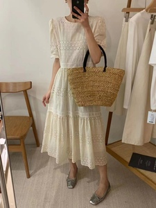 夏季纯棉米白色连衣裙2023新款法式设计感镂空甜美小仙女长裙均码