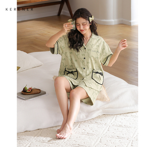 可人儿睡衣女款2024新款夏季纯棉短袖休闲韩版时尚外穿家居服套装