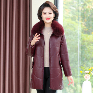 中老年皮棉衣女装妈妈皮衣加绒加厚棉袄外套冬装中长款带毛领棉服