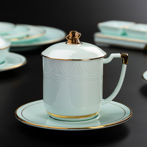 华光陶瓷青瓷会议杯办公杯水杯盖杯商务杯礼盒装高档上合元首用杯