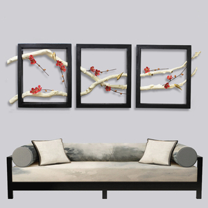 定制手工现代新中式干花树枝立体挂画装饰画墙饰红梅金属小鸟装饰