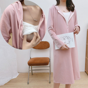 产后哺乳衣春秋装大码纯棉长袖连衣裙长款连帽辣妈款外穿喂奶衣服