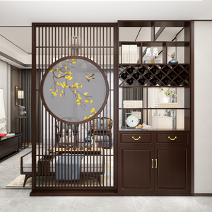 新中式屏风柜隔断玄关客厅进门入户实木酒柜一体双面镂空装饰现代