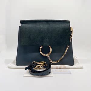 二手chloe克洛伊/蔻依faye大号风琴包深蓝色牛皮单肩斜挎包女