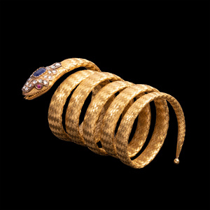 独角鹿西洋古董首饰珠宝18k黄金编织红宝石蓝宝石钻石灵蛇形手镯