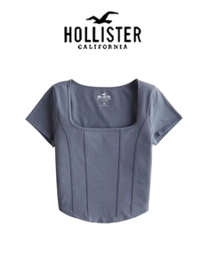 Hollister2022夏小海鸥鱼骨上衣方领修身设计感短袖甜辣短T恤女潮