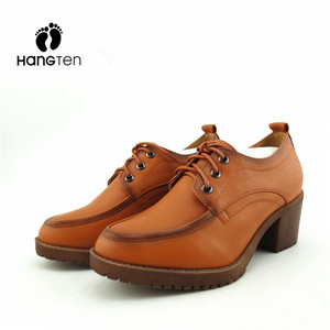 hangten美国欢腾正品女鞋内外全真皮粗跟系带牛筋底春秋女皮鞋
