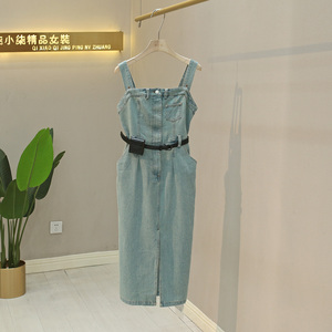 夏新款韩版复古开叉牛仔背带裙收腰小个子气质连体裙A字裙子75261
