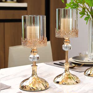轻奢餐桌欧式美式金属烛台摆件婚庆浪漫烛光晚餐西餐厅水晶蜡烛台