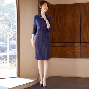 藏青西装连衣裙女气质通勤高级感西服裙高端美容院工作服包臀裙子