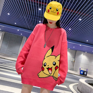 中长款皮卡丘粉色毛衣女宽松外穿加厚2019新款套头上衣打底衫秋冬