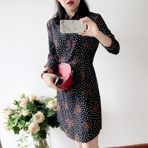 000人付款淘宝小西米子甜美娃娃领蝴蝶领结爱心印花真丝连衣裙简约