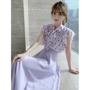 小香风套装女夏款裙子2024年新款洋气紫色连衣裙高级感夏装两件套