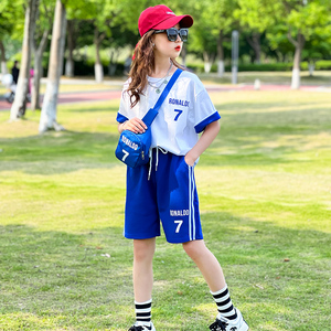 女童网红套装夏季中大童纯棉圆领体恤衫短裤儿童运动两件套蓝球服